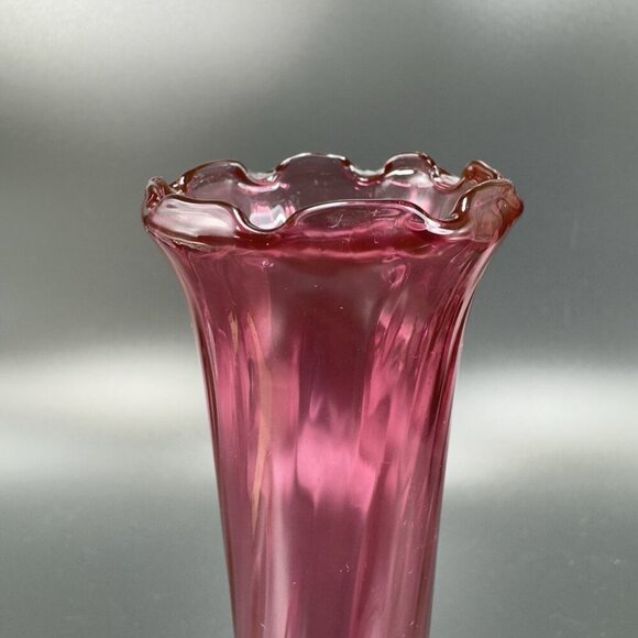 Antique Cranberry Art Glass Vase Wavy Ruffled Top Bud Vase Hand Blown Textured - Picture 7 of 11